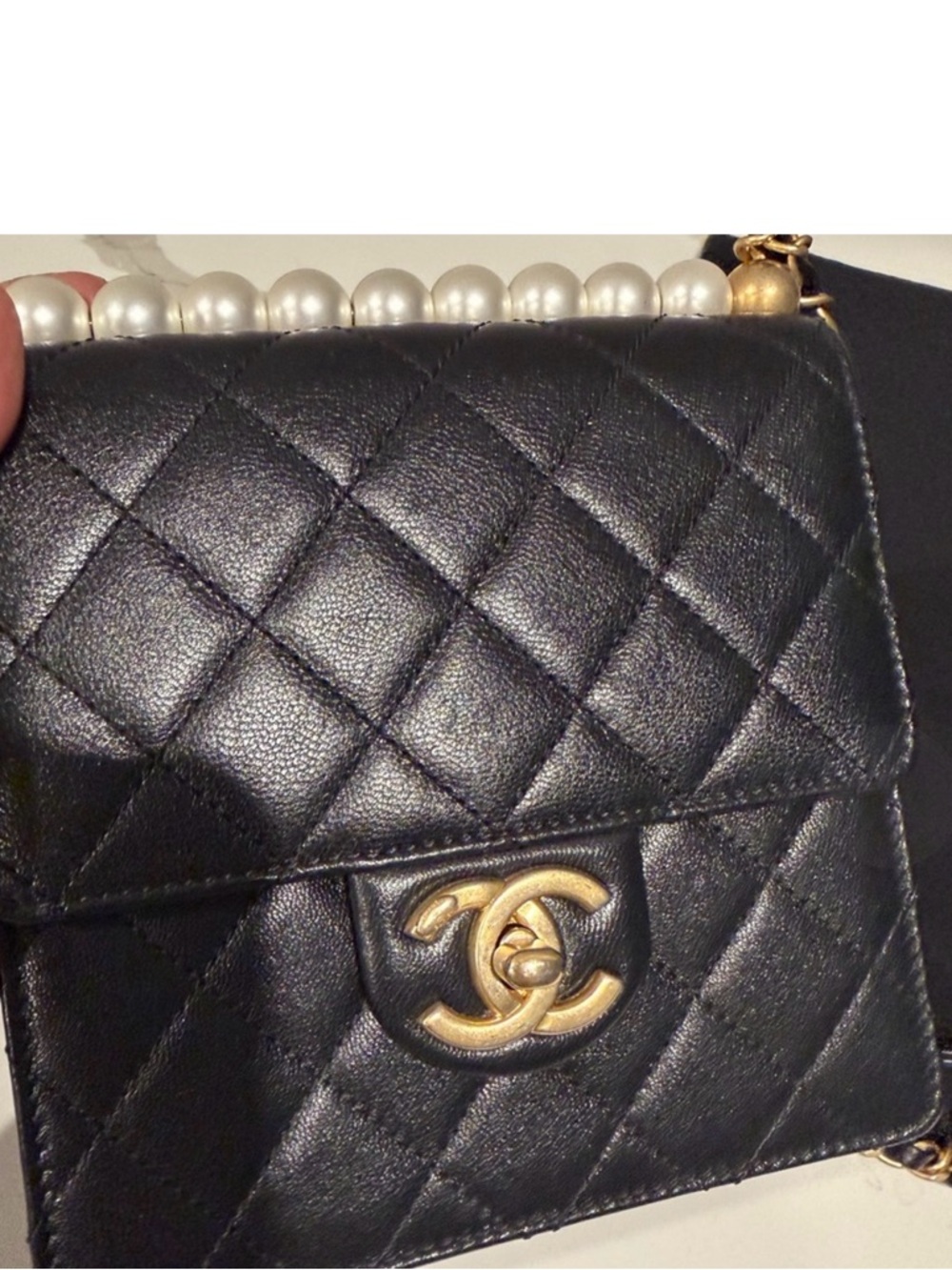 CHANEL Black Quilted Leather Shoulder Bag with Gold CC and Pearl Handle